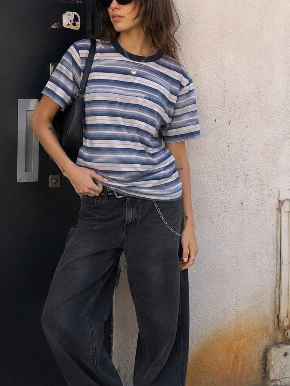 OBEY Striped Pocket Tee M 90s Style Skater Grunge Streetwear Fair Trade